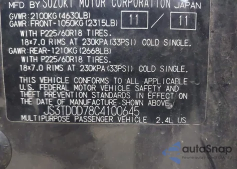 2012 Suzuki Grand Vitara Limited из США, поврежденный, VIN JS3TD0D78C4100645